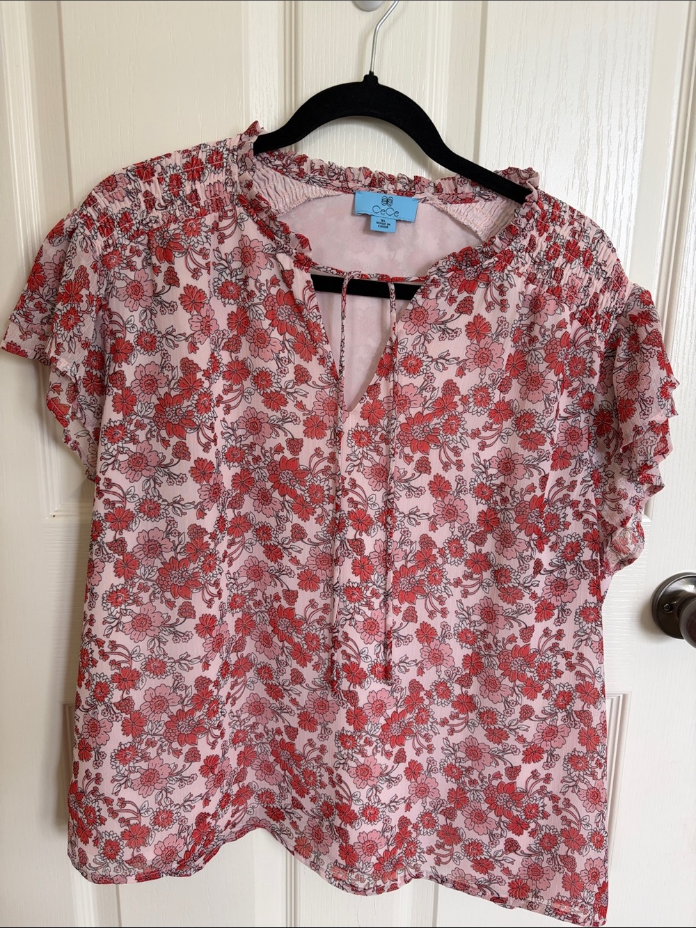 CeCe Pink & Red Floral Ruffle-Neck Short Sleeve Blouse